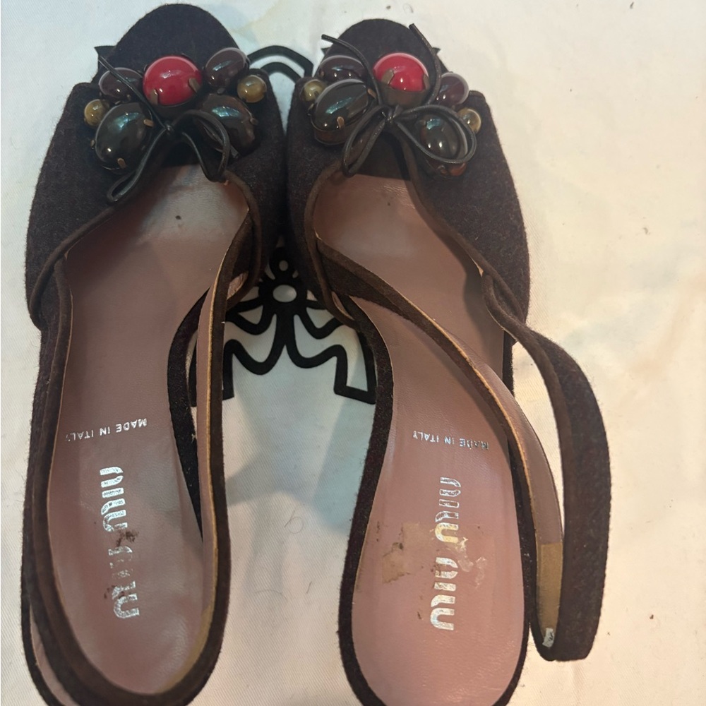 Miu Miu Brown Embellished Leather Ballet Flats Made in Italy